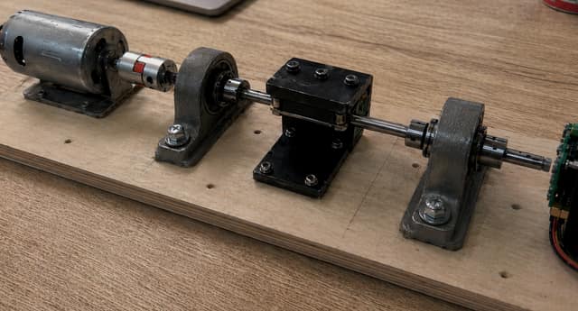 The assembled test rig on a plywood baseplate: a brushed DC motor coupled through a jaw coupling to an 8 mm ground steel shaft, carried on two pillow-block bearings, with a black sensor tower straddling the shaft mid-span and an encoder board at the free end.